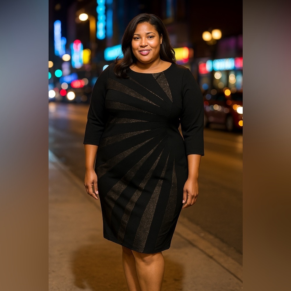 Ashley Stewart LBD Black Dress with Gold Accents Size 14-16W 3/4 Sleeve